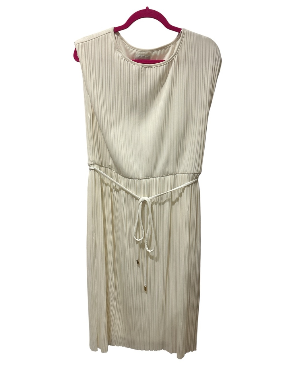 Donna Morgan Cream Sleeveless Pleated Midi Dress with Tie Waist (lined)